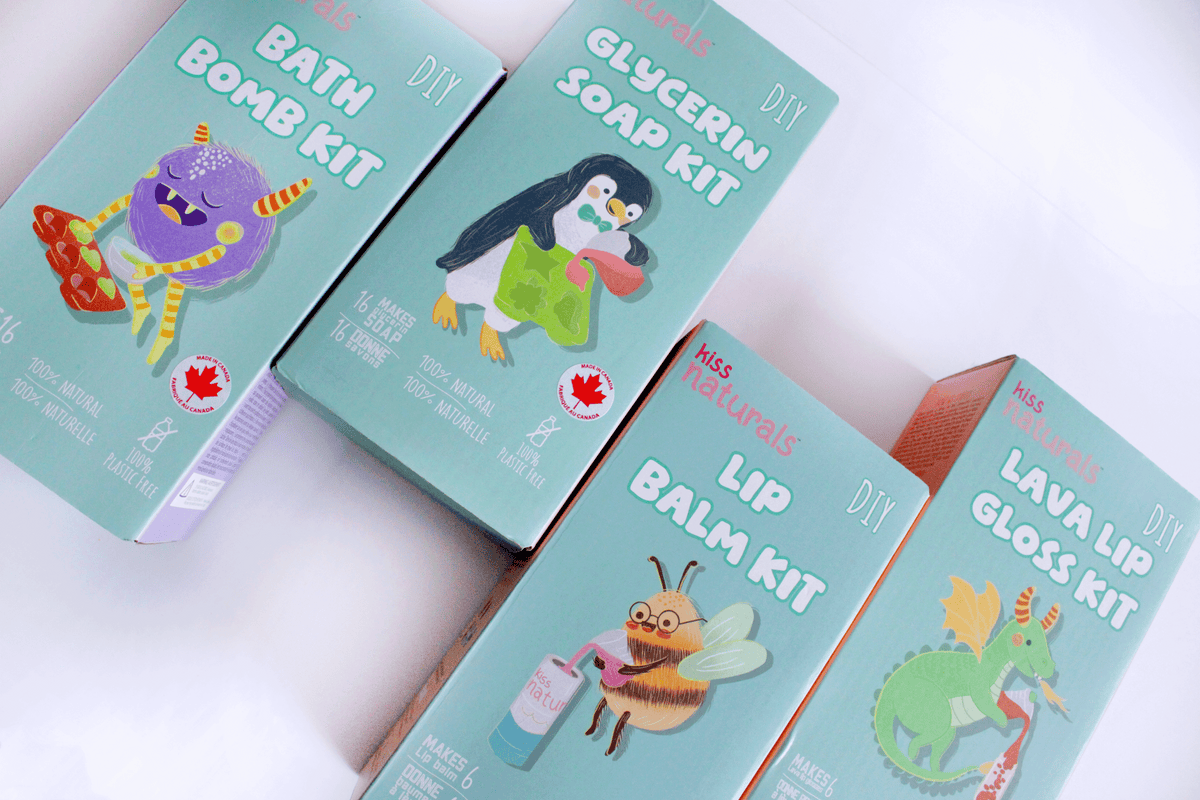Kiss Naturals plastic-free craft kits with bee, dragon, penguin and monster
