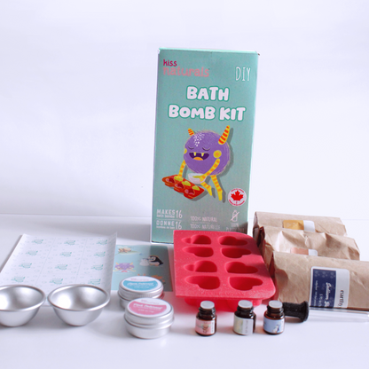 DIY bath bomb making kit for kids with heart and sphere moulds
