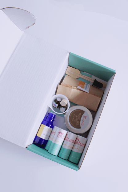 Inside the Kiss Naturals lip balm kit, ready to make