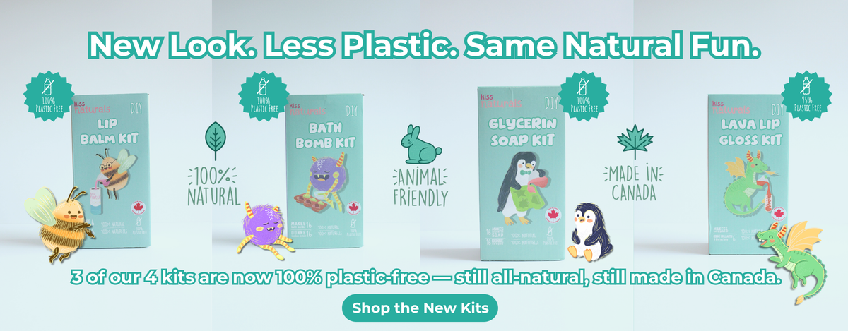 Kiss Naturals plastic-free DIY kits for kids: lip balm, bath bomb, soap and lava lip gloss making kits